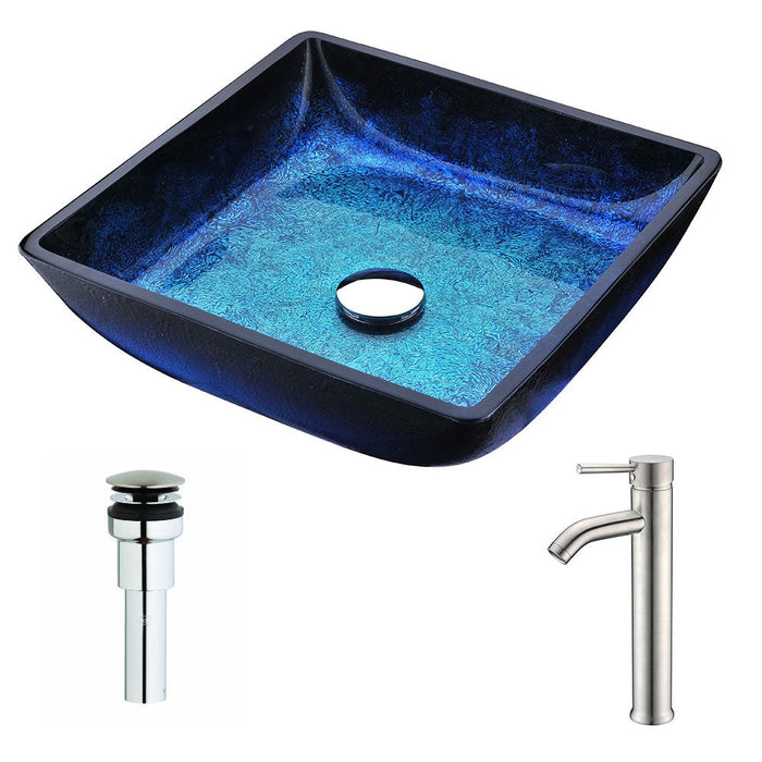 ANZZI Viace Series 15" x 15" Deco-Glass Square Shape Vessel Sink in Blazing Blue Finish with Chrome Pop-Up Drain and Brushed Nickel Faucet