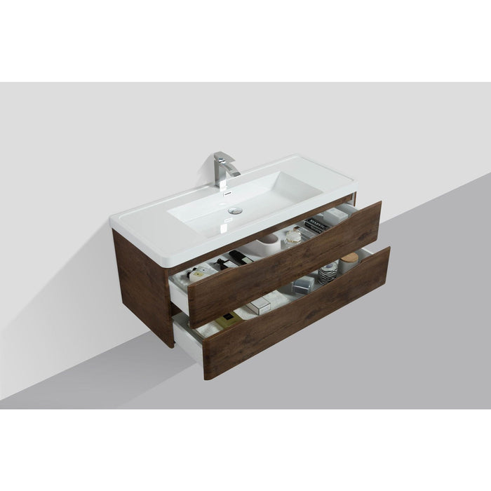 Eviva Smile 48" Wall Mount Modern Single Bathroom Vanity in Rosewood or White Oak Finish with White Integrated Acrylic Top