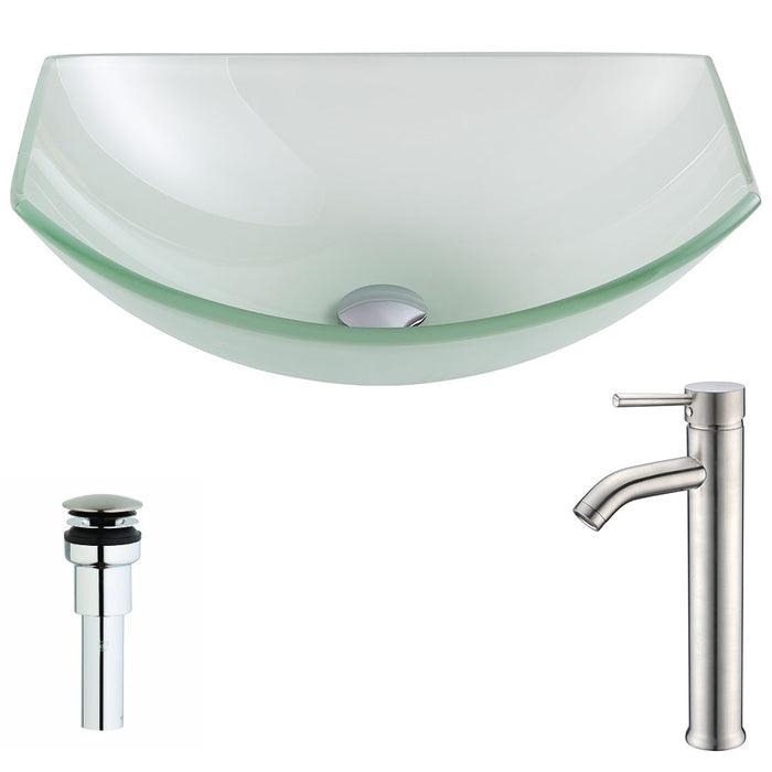 ANZZI Pendant Series 20" x 15" Deco-Glass Oval Shape Vessel Sink in Lustrous Frosted Finish with Polished Chrome Pop-Up Drain and Brushed Nickel Faucet