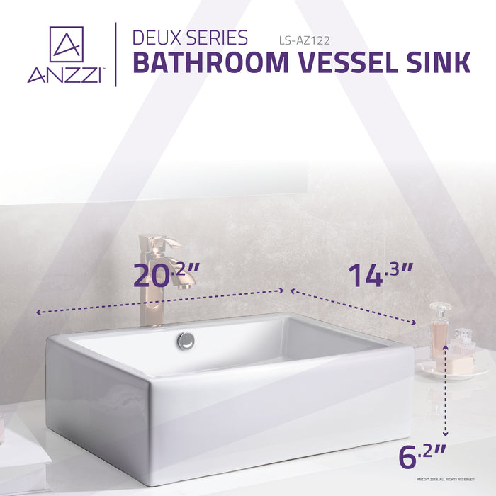 ANZZI Deux Series 20" x 14" Rectangular Vessel Sink with Built-In Overflow in Glossy White Finish LS-AZ122