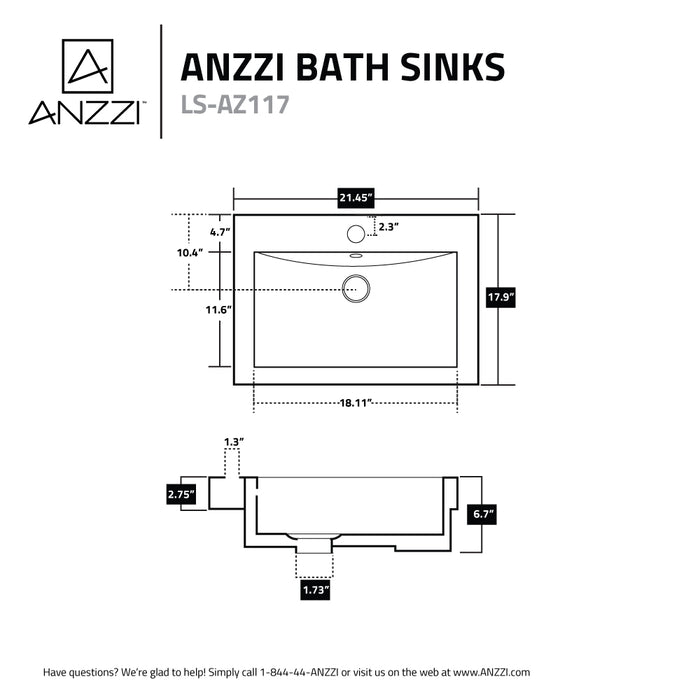 ANZZI Neptune Series 21" x 18" Single Hole Rectangular Vessel Sink with Built-In Overflow in Glossy White Finish LS-AZ117