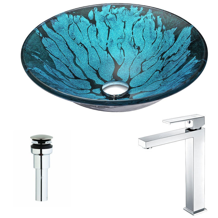 ANZZI Key Series 17" x 17" Deco-Glass Round Vessel Sink in Lustrous Blue and Black Finish with Polished Chrome Pop-Up Drain and Faucet
