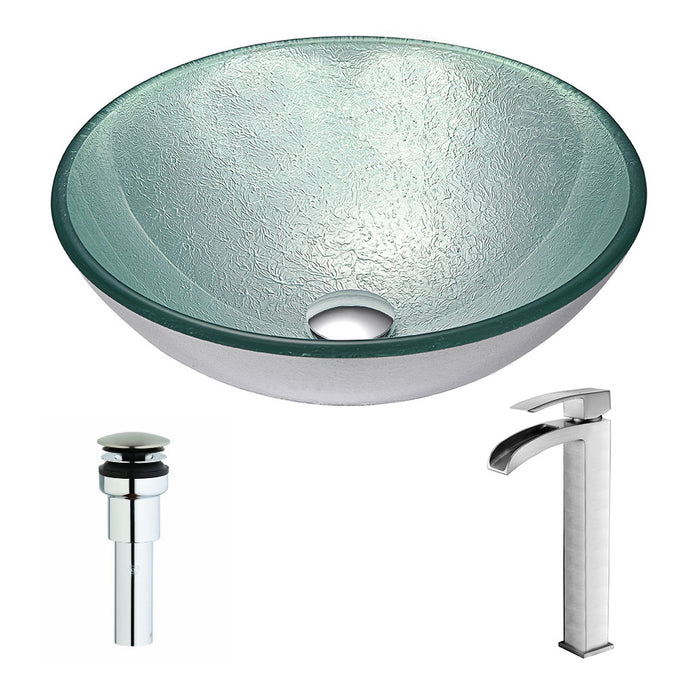 ANZZI Spirito Series 17" x 17" Deco-Glass Round Vessel Sink in Churning Silver Finish with Chrome Pop-Up Drain and Brushed Nickel Faucet