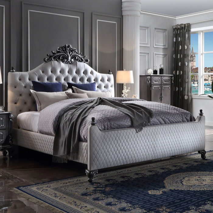 Acme Furniture House Delphine Ek Bed in Two Tone Ivory Fabric & Charcoal Finish 28847EK