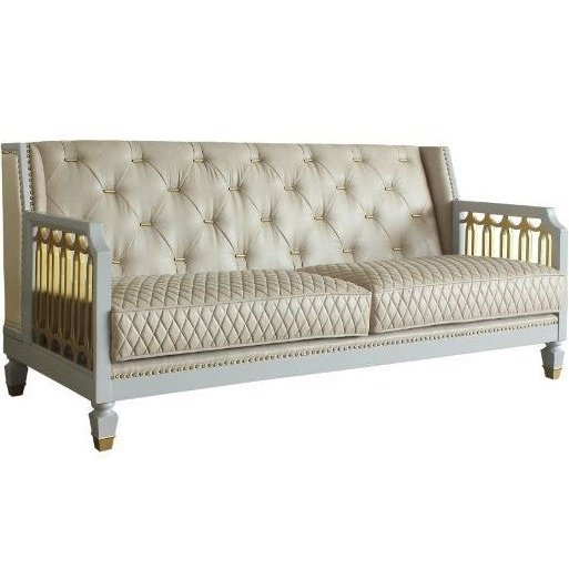 Acme Furniture House Marchese Sofa W/3 Pillows in Pearl White PU, Two Tone Beige Fabric, Gold & Pearl Gray Finish 58865