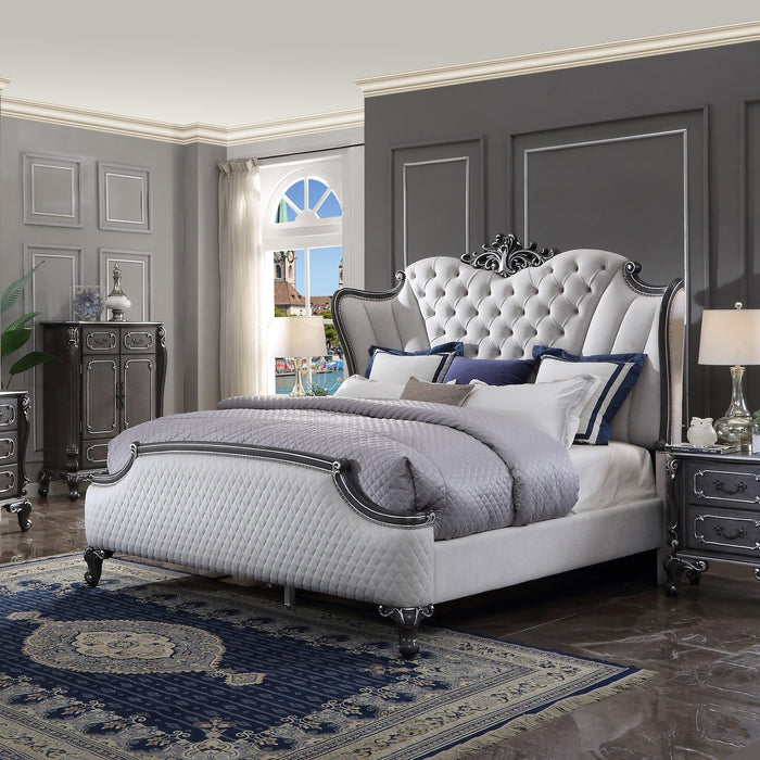 Acme Furniture House Delphine Ek Bed in Two Tone Ivory Fabric & Charcoal Finish 28827EK