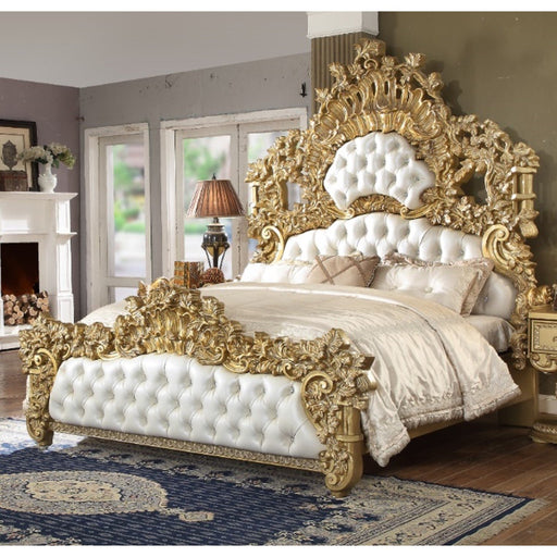 Acme Furniture Bernadette Ek Bed Footboard/Headboard Base in White Pu And Gold Finish BD01474EK2