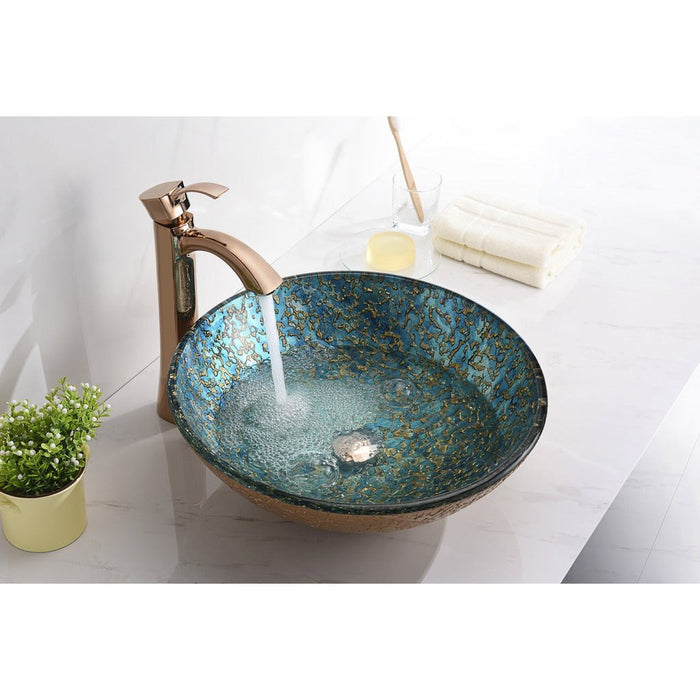 ANZZI Makata Series 17" x 17" Deco-Glass Round Vessel Sink in Gold and Cyan Finish with Polished Chrome Pop-Up Drain LS-AZ8211