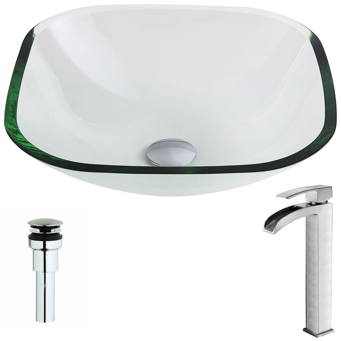 ANZZI Cadenza Series 17" x 17" Deco-Glass Square Shape Vessel Sink in Lustrous Clear Finish with Chrome Pop-Up Drain and Brushed Nickel Faucet