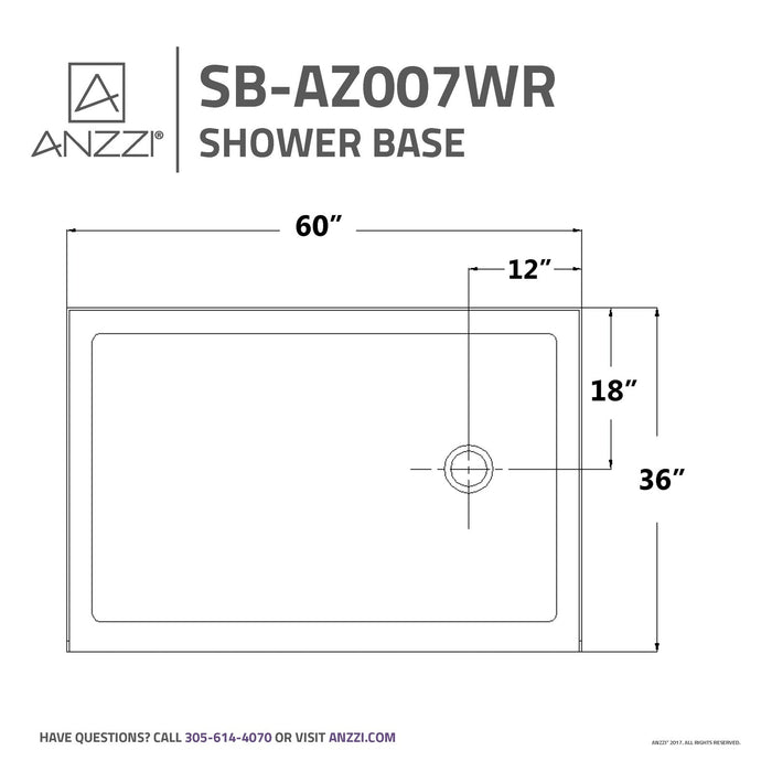 ANZZI Colossi Series 36" x 60" Single Threshold White Shower Base with Built-In Tile Flange