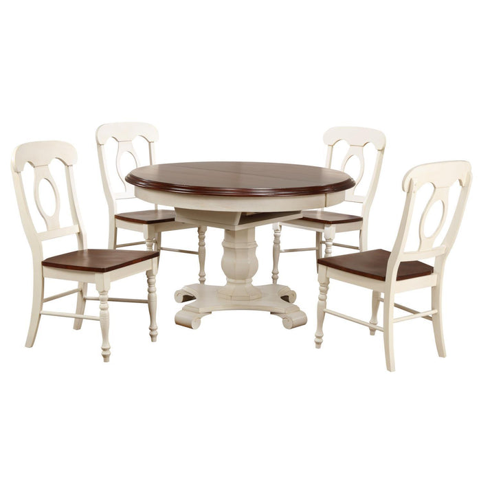 Sunset Trading Andrews 5 Piece 48" Round or 66" Oval Extendable Dining Set | Butterfly Leaf Table | Antique White and Chestnut Brown | Napoleon Chairs | Seats 6 DLU-ADW4866-C50-AW5PC