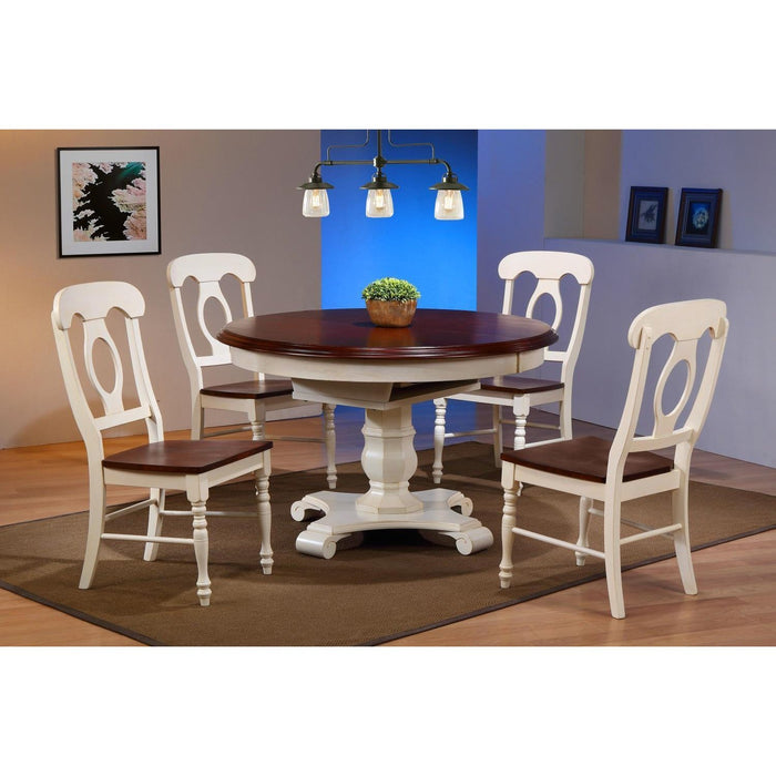 Sunset Trading Andrews 5 Piece 48" Round or 66" Oval Extendable Dining Set | Butterfly Leaf Table | Antique White and Chestnut Brown | Napoleon Chairs | Seats 6 DLU-ADW4866-C50-AW5PC