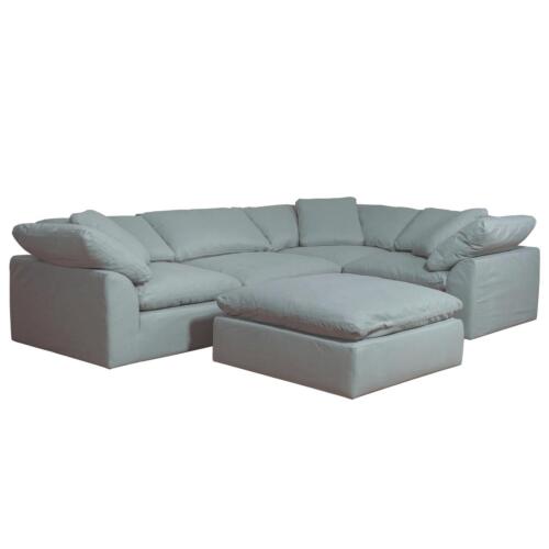 Sunset Trading Cloud Puff 5 Piece 132" Wide Slipcovered Modular L Shaped Sectional Sofa with Ottoman | Stain Resistant Performance Fabric | Ocean Blue SU-1458-43-3C-1A-1O