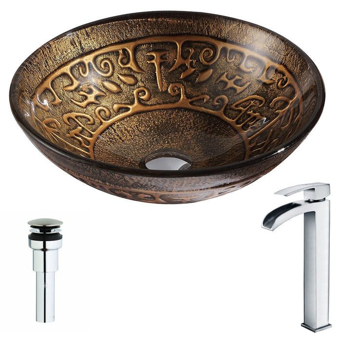 ANZZI Alto Series 17" x 17" Deco-Glass Round Vessel Sink in Lustrous Brown Finish with Chrome Pop-Up Drain and Key Faucet LSAZ079-097