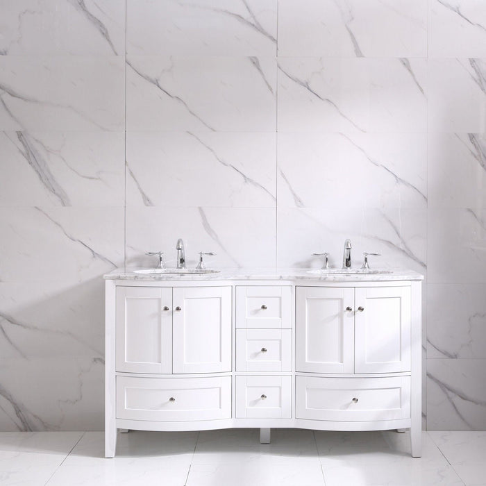 Eviva Stanton 60" Transitional Double Sink Bathroom Vanity in White Finish with White Carrara Countertop and Undermount Porcelain Sinks