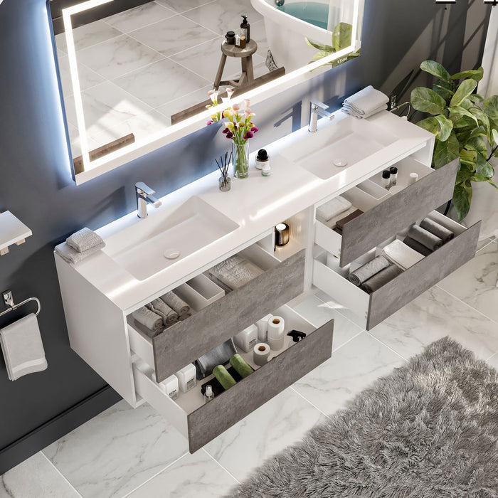 Eviva Vienna 75" Wall Mount Double Sink Bathroom Vanity in Ash w/ White Frame, Cement Gray w/ White Frame, or Gray Oak w/ White Frame Finish with White Integrated Acrylic Top