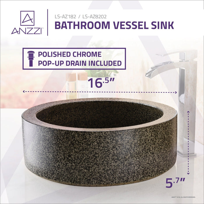 ANZZI Desert Crown Series 17" x 17" Round Vessel Sink in Black Speckled Stone Finish with Polished Chrome Pop-Up Drain LS-AZ182