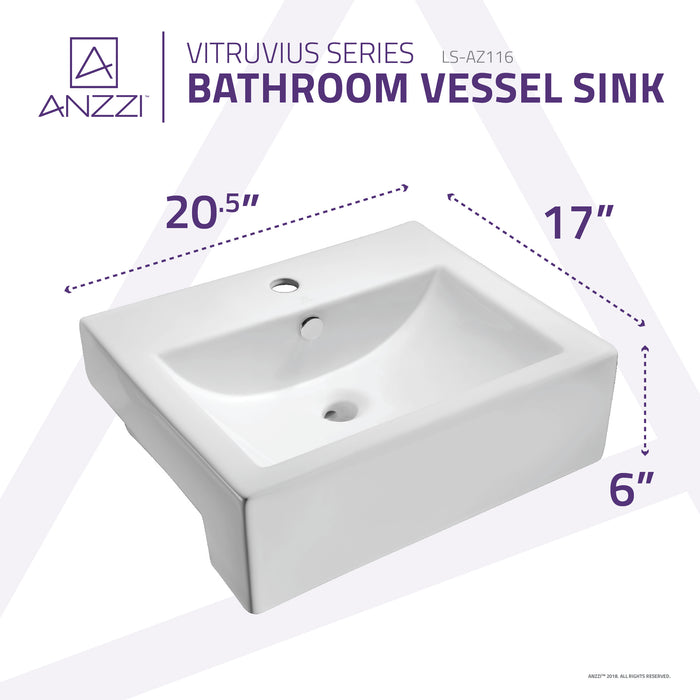 ANZZI Vitruvius Series 21" x 17" Single Hole Rectangular Vessel Sink with Built-In Overflow in Glossy White Finish LS-AZ116