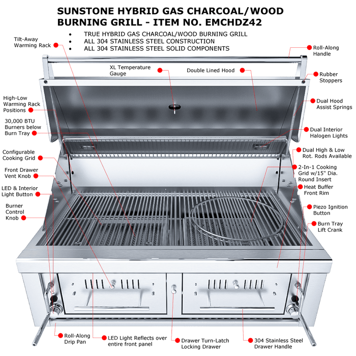 Sunstone 42" Dual Zone Gas/Charcoal/Wood Hybrid Grill EMCHDZ42-LP