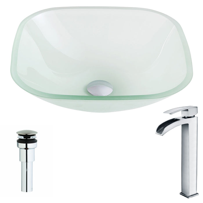 ANZZI Vista Series 17" x 17" Deco-Glass Square Shape Vessel Sink in Lustrous Frosted Finish with Polished Chrome Pop-Up Drain and Faucet