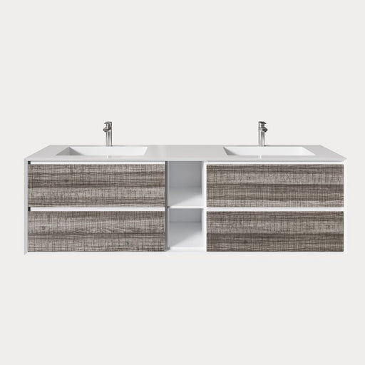 Eviva Vienna 75" Wall Mount Double Sink Bathroom Vanity in Ash w/ White Frame, Cement Gray w/ White Frame, or Gray Oak w/ White Frame Finish with White Integrated Acrylic Top