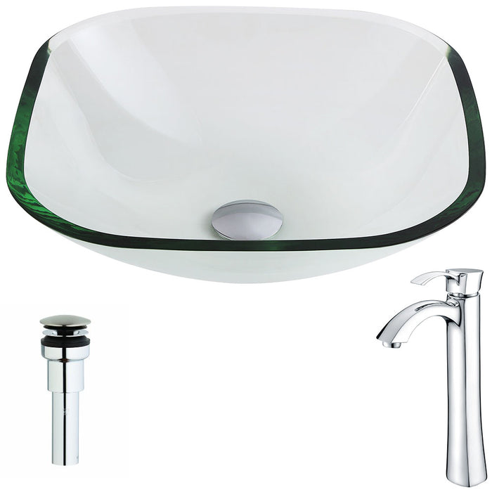ANZZI Cadenza Series 17" x 17" Deco-Glass Square Shape Vessel Sink in Lustrous Clear Finish with Chrome Pop-Up Drain and Faucet