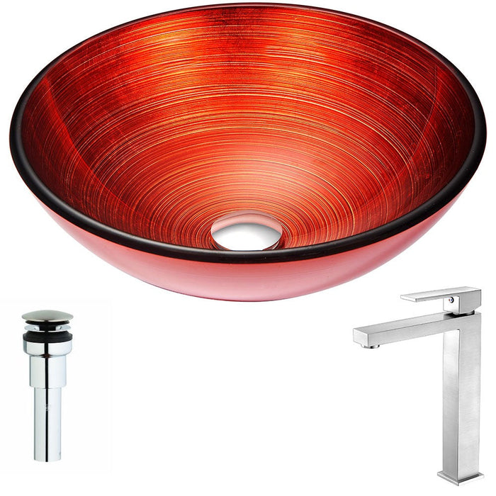ANZZI Echo Series 17" x 17" Deco-Glass Round Vessel Sink in Lustrous Red Finish with Chrome Pop-Up Drain and Brushed Nickel Enti Faucet LSAZ057-096B