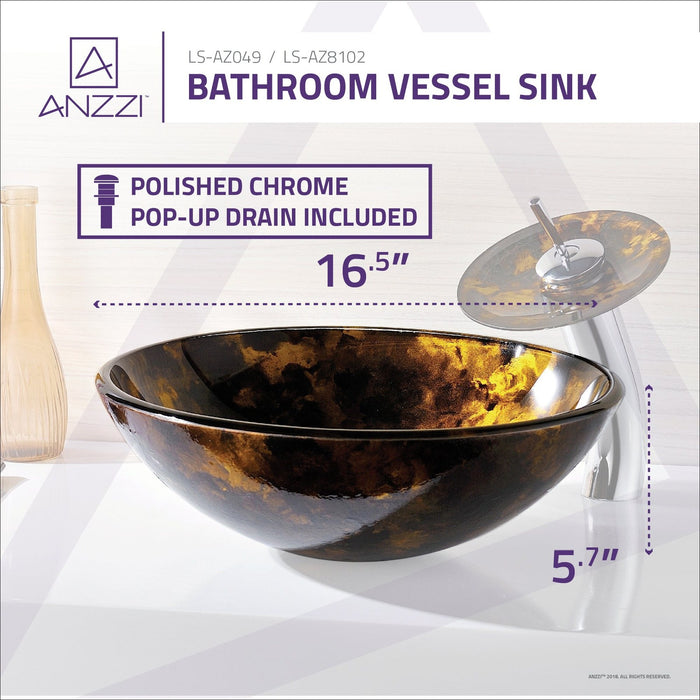 ANZZI Timbre Series 17" x 17" Deco-Glass Round Vessel Sink in Kindled Amber Finish with Polished Chrome Pop-Up Drain and Waterfall Faucet LS-AZ049