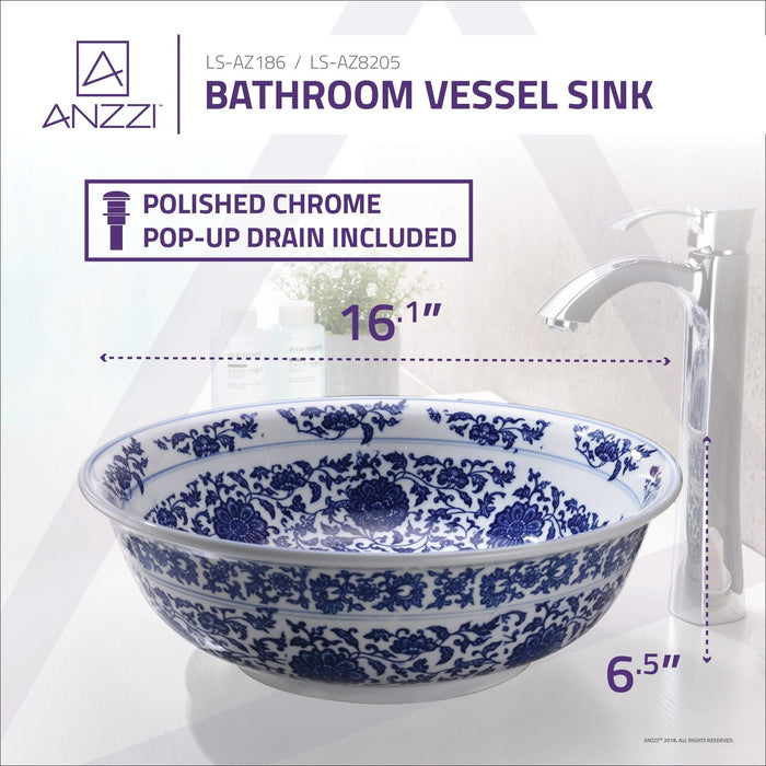 ANZZI Cadence Series 16" x 16" Deco-Glass Round Vessel Sink with Polished Chrome Pop-Up Drain
