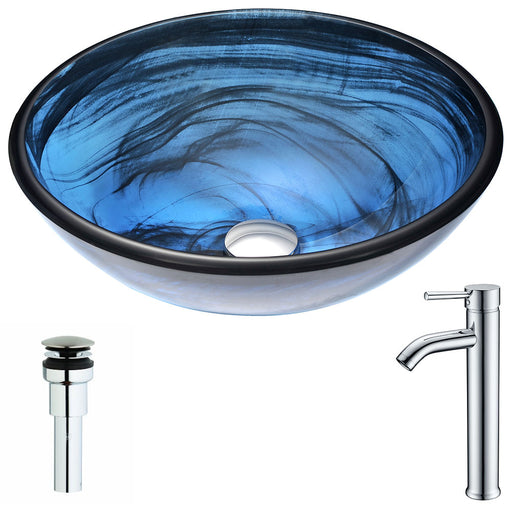 ANZZI Soave Series 17" x 17" Deco-Glass Round Vessel Sink in Sapphire Wisp Finish with Chrome Pop-Up Drain and Faucet