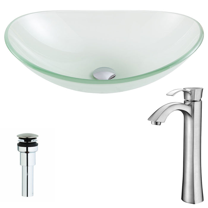 ANZZI Forza Series 15" x 15" Deco-Glass Oval Shape Vessel Sink in Lustrous Frosted Finish with Polished Chrome Pop-Up Drain and Brushed Nickel Faucet