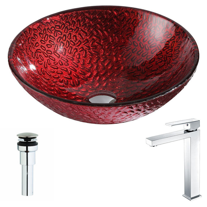 ANZZI Rhythm Series 17" x 17" Deco-Glass Round Vessel Sink in Lustrous Red Finish with Polished Chrome Pop-Up Drain and Faucet