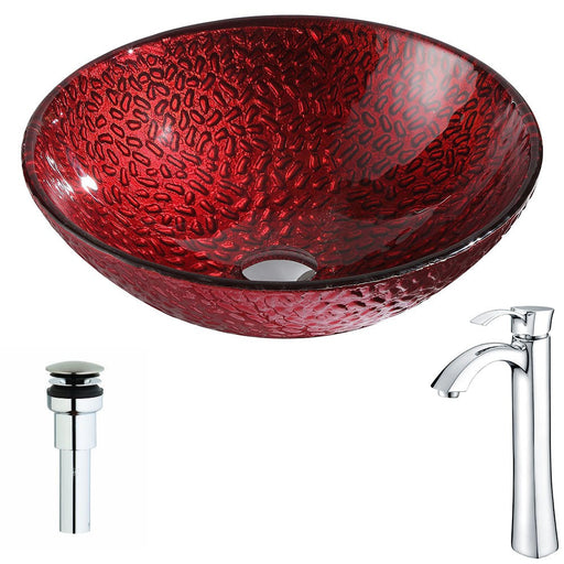 ANZZI Rhythm Series 17" x 17" Deco-Glass Round Vessel Sink in Lustrous Red Finish with Polished Chrome Pop-Up Drain and Faucet