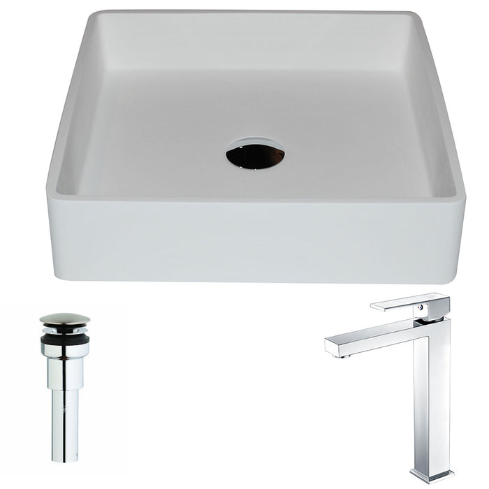 ANZZI Passage Series 16" x 16" Square Shape Vessel Sink in Matte White Finish with Polished Chrome Enti Vessel Faucet and Pop-up Drain LSAZ602-096