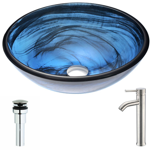 ANZZI Soave Series 17" x 17" Deco-Glass Round Vessel Sink in Sapphire Wisp Finish with Polished Chrome Pop-Up Drain and Brushed Nickel Faucet