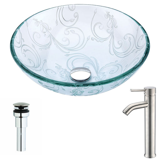 ANZZI Vieno Series 17" x 17" Deco-Glass Round Vessel Sink in Crystal Clear Floral Finish with Chrome Pop-Up Drain and Brushed Nickel Faucet