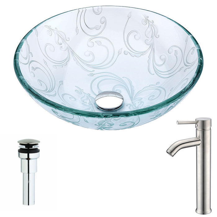 ANZZI Vieno Series 17" x 17" Deco-Glass Round Vessel Sink in Crystal Clear Floral Finish with Chrome Pop-Up Drain and Brushed Nickel Faucet