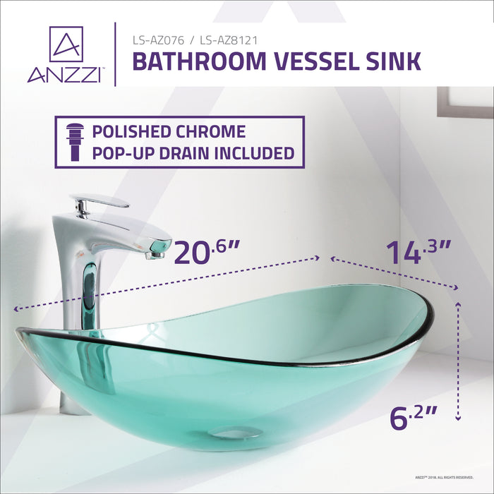 ANZZI Tale Series 21" x 15" Deco-Glass Oval Shape Vessel Sink in Lustrous Green Finish with Polished Chrome Pop-Up Drain LS-AZ8121