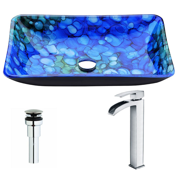 ANZZI Voce Series 23" x 15" Deco-Glass Rectangular Vessel Sink in Lustrous Blue Finish with Polished Chrome Pop-Up Drain and Faucet