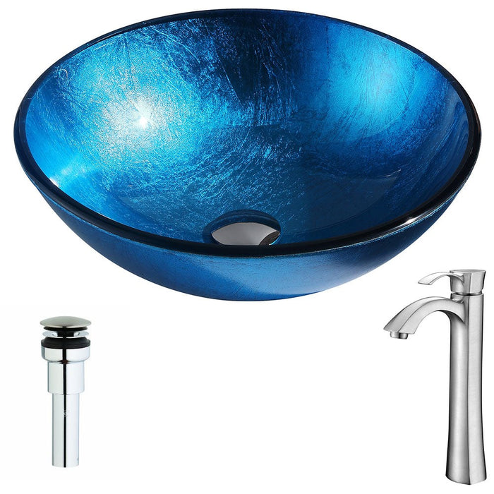 ANZZI Arc Series 17" x 17" Deco-Glass Round Vessel Sink in Lustrous Light Blue Finish with Chrome Pop-Up Drain and Brushed Nickel Faucet
