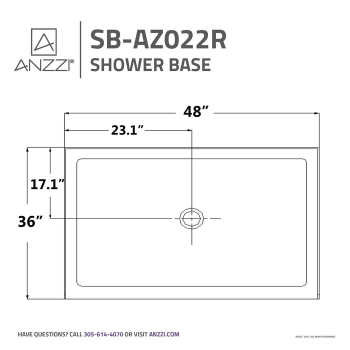 ANZZI Vail Series 36" x 48" Center Drain Double Threshold White Shower Base with Built-In Tile Flange SB-AZ022R