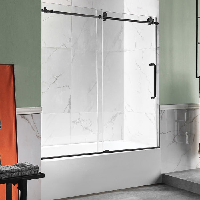 ANZZI Don Series White "60 x 32" Alcove Rectangular Bathtub with Built-In Flange and Frameless Matte Black Sliding Door