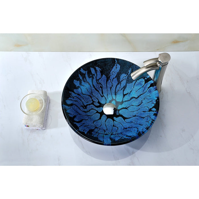 ANZZI Key Series 17" x 17" Deco-Glass Round Vessel Sink in Lustrous Blue and Black Finish with Polished Chrome Pop-Up Drain LS-AZ046