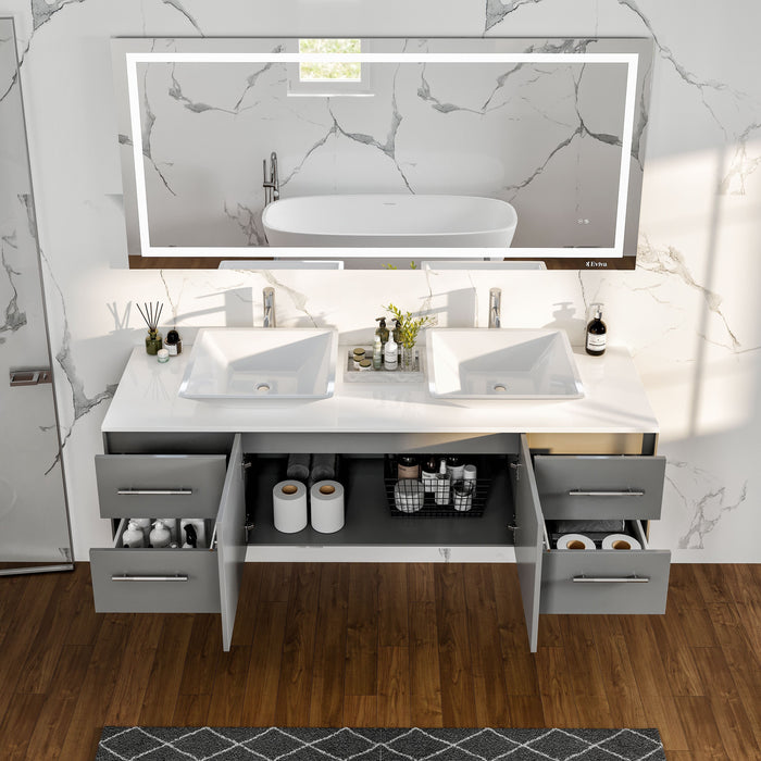 Eviva Totti Wave 60" Modern Double Sink Bathroom Vanity in Espresso, Gray, or White, Finish with Super White Man-Made Stone Countertop & Porcelain Vessel Sinks