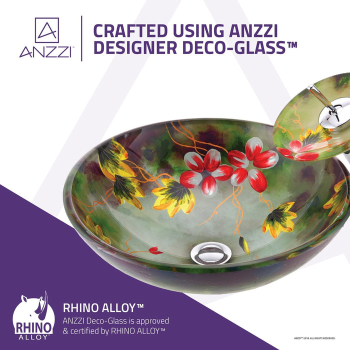 ANZZI Impasto Series 17" x 17" Round Vessel Sink in Green Painted Mural Finish with Polished Chrome Pop-Up Drain LS-AZ217
