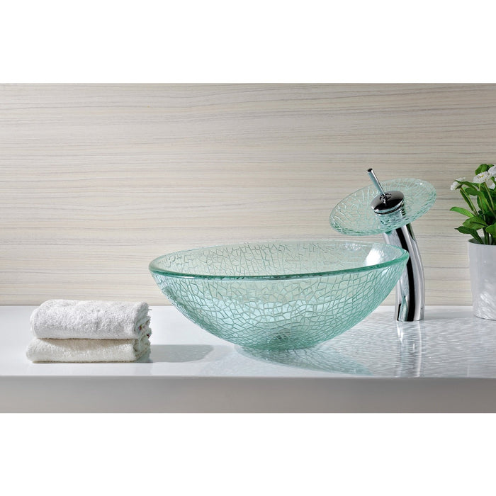 ANZZI Paeva Series 17" x 17" Deco-Glass Round Vessel Sink in Crystal Clear Chipasi Finish with Polished Chrome Pop-Up Drain and Waterfall Faucet LS-AZ8112