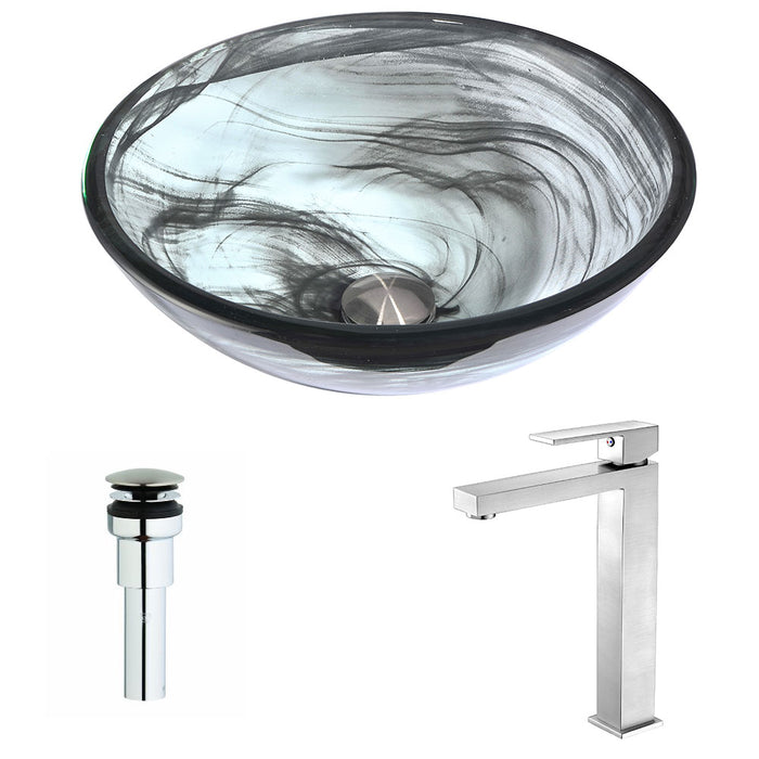 ANZZI Mezzo Series 17" x 17" Deco-Glass Round Vessel Sink in Slumber Wisp Finish with Polished Chrome Pop-Up Drain and Brushed Nickel Faucet