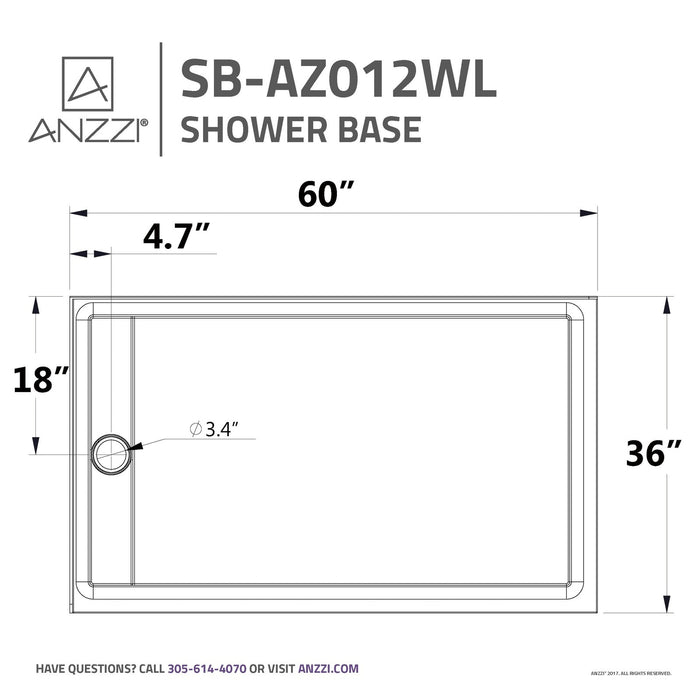 ANZZI Field Series 36" x 60" Double Threshold White Shower Base with Built-In Tile Flange