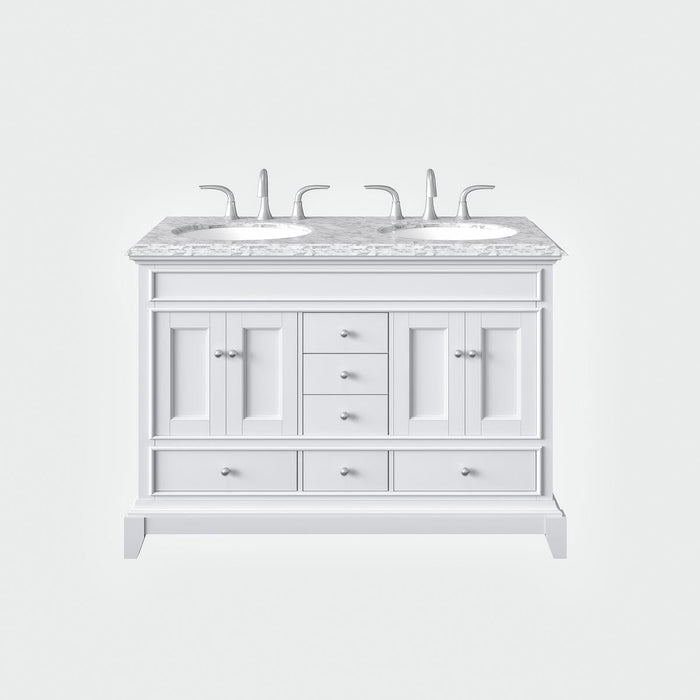 Eviva Elite Stamford 48" Double Sink Bathroom Vanity in White Finish with Double Ogee Edge White Carrara Countertop and Undermount Porcelain Sinks