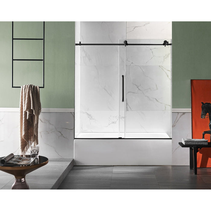 ANZZI Don Series White "60 x 32" Alcove Rectangular Bathtub with Built-In Flange and Frameless Matte Black Sliding Door